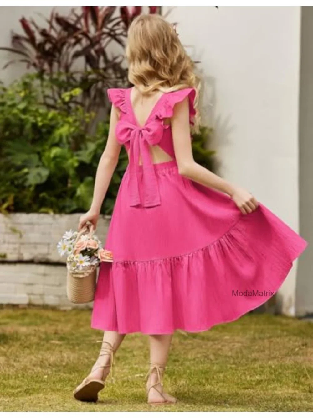 Casual Boho Maxi Dress with Pockets Square Neck Flutter Sleeve Tie Back Tween